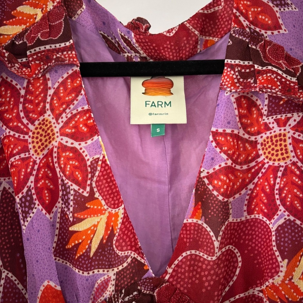 FARM Rio Sweet Floral Maxi Dress Purple Red Long Sleeve Ruffle Womens Small Boho - Picture 3 of 7